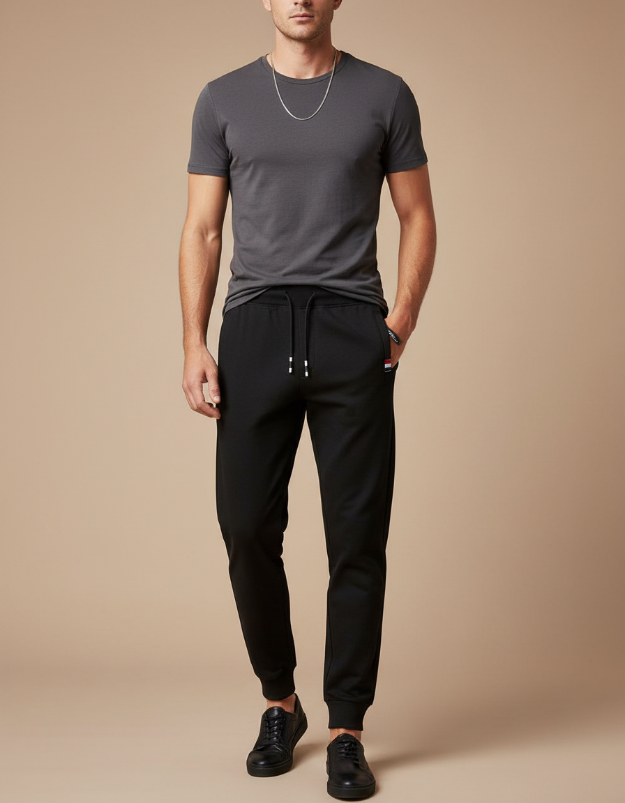 Pantalon Noir Jogger Cordon Sportif Homme Coton - Molleton