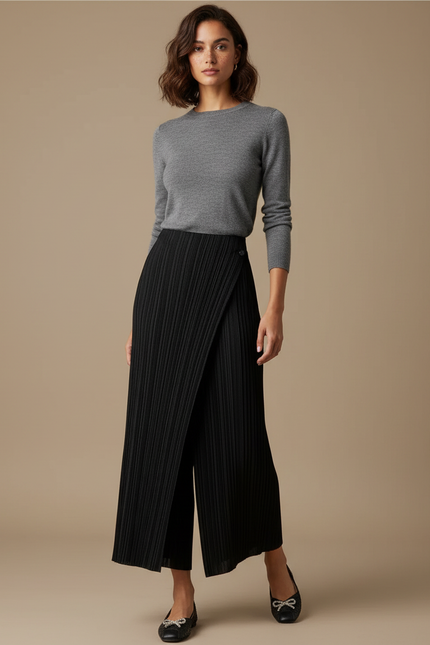 Pantalon Noir Plissé Ample Fluide Femme - Polyester