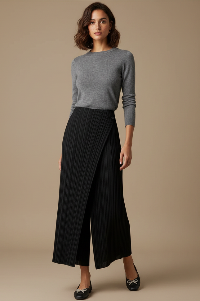 Pantalon Noir Plissé Ample Fluide Femme - Polyester