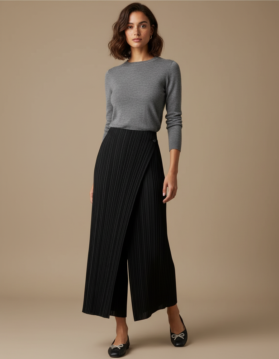 Pantalon Noir Plissé Ample Fluide Femme - Polyester