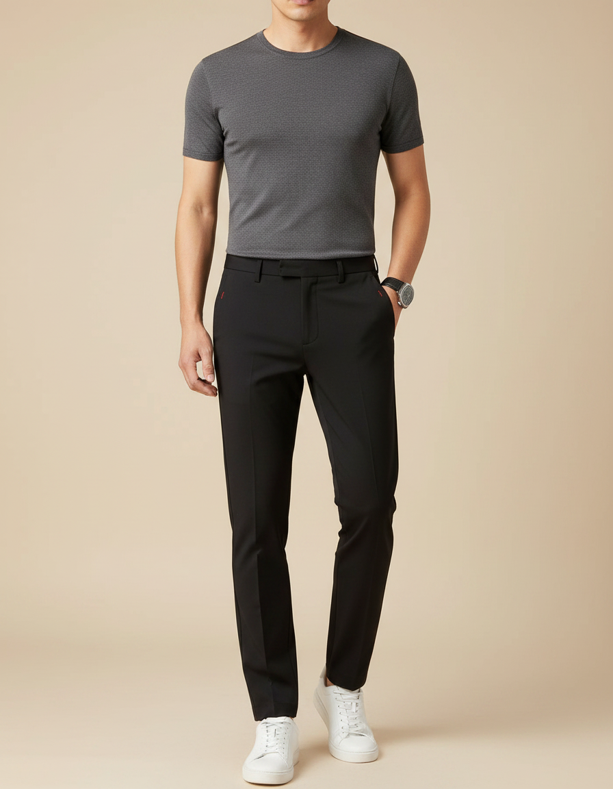 Pantalon Noir Slim Extensible Classique Élégant Homme - Polyester