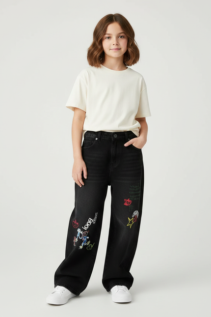 Pantalon Noir Denim Brodé Ample Enfant - Jean