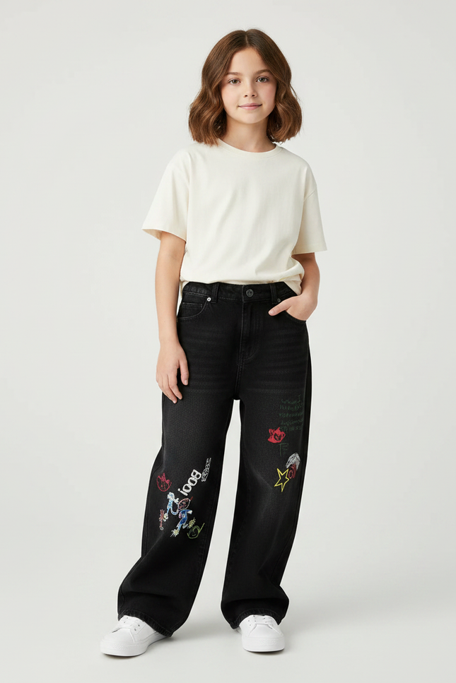 Pantalon Noir Denim Brodé Ample Enfant - Jean