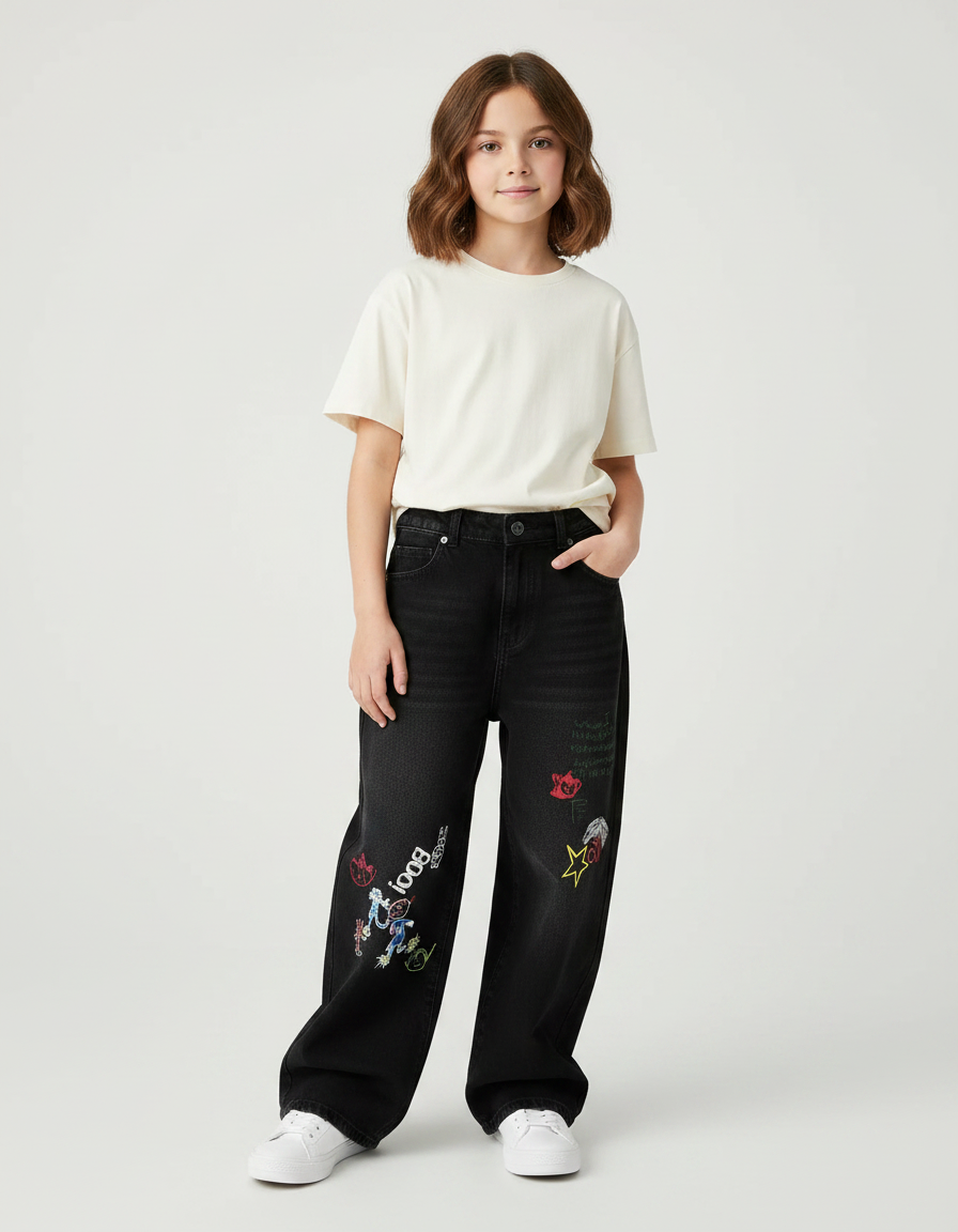 Pantalon Noir Denim Brodé Ample Enfant - Jean