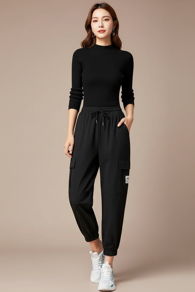 Pantalon Noir Cargo Ample Cordon Cheville - Polyester