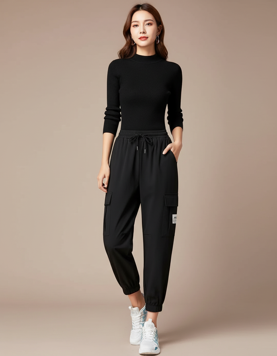 Pantalon Noir Cargo Ample Cordon Cheville - Polyester
