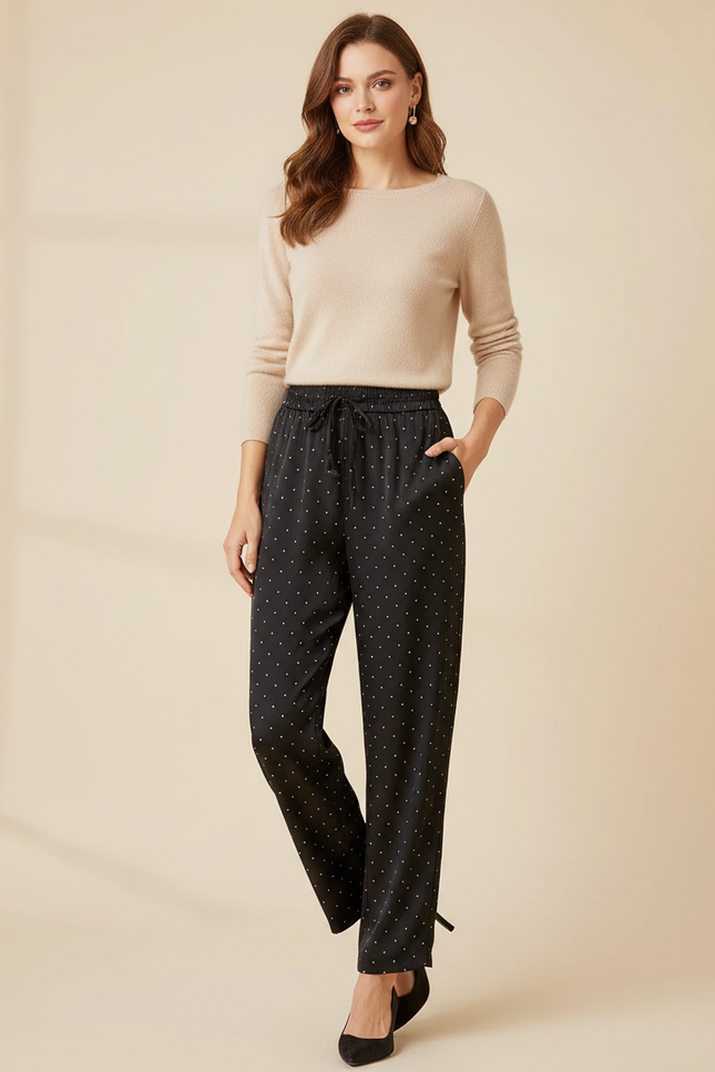 Pantalon Noir À Pois Coupe Droite Décontracté - Satin