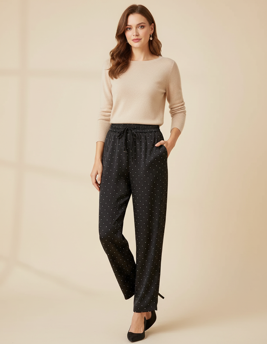 Pantalon Noir À Pois Coupe Droite Décontracté - Satin