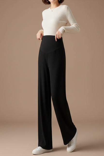 Pantalon Noir Côtelé Large Maternité Confortable - Maille