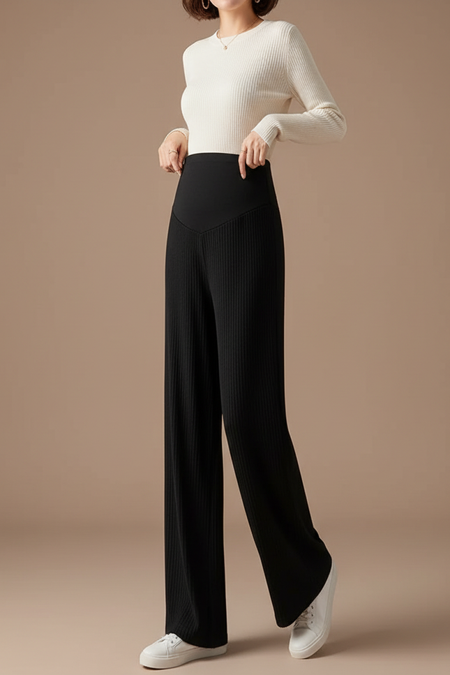 Pantalon Noir Côtelé Large Maternité Confortable - Maille