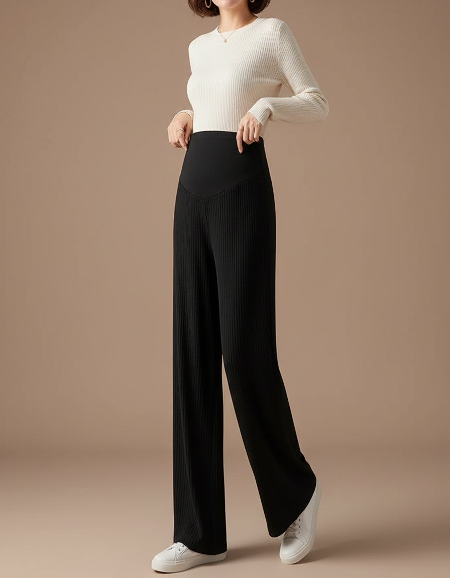 Pantalon Noir Côtelé Large Maternité Confortable - Maille