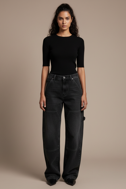 Pantalon Noir Baggy Denim Vintage Femme Streetwear - Jean