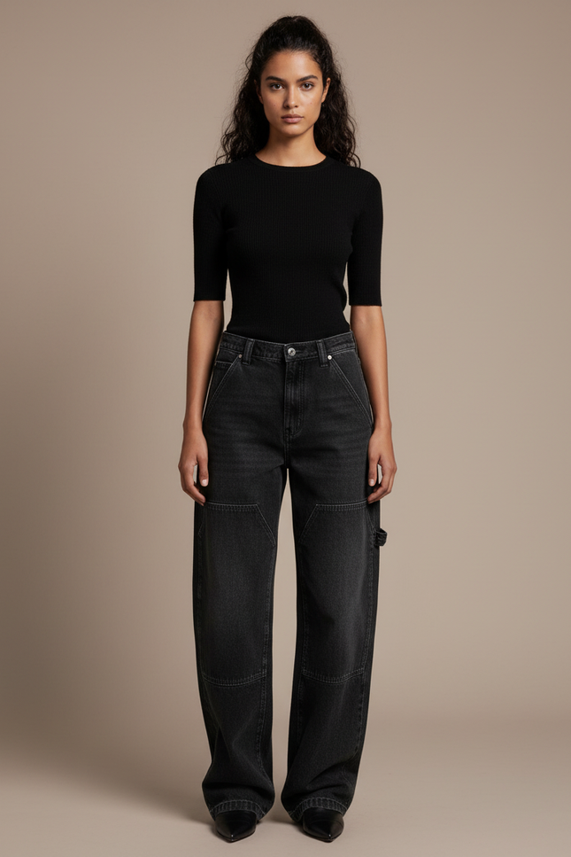 Pantalon Noir Baggy Denim Vintage Femme Streetwear - Jean