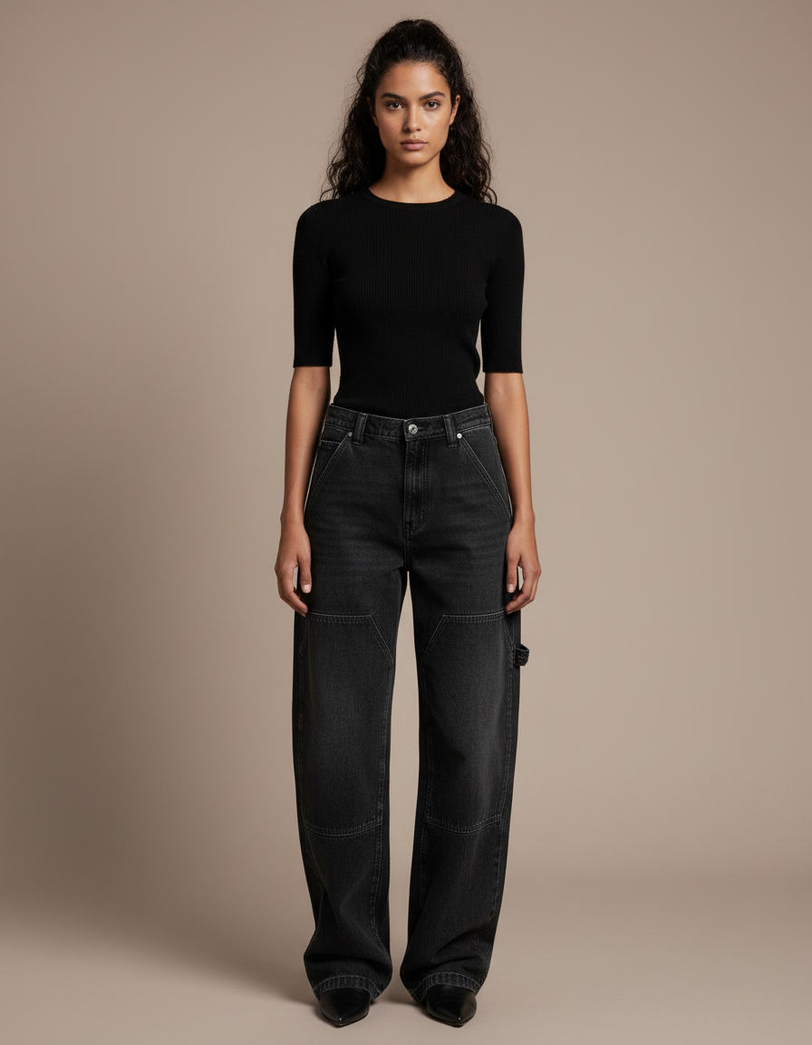 Pantalon Noir Baggy Denim Vintage Femme Streetwear - Jean