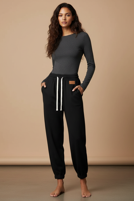 Pantalon Noir Molletonné Ample Décontracté Sport Femme