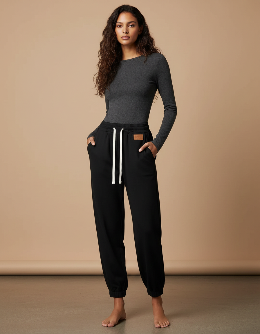 Pantalon Noir Molletonné Ample Décontracté Sport Femme