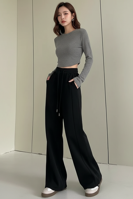 Pantalon Noir Taille Haute Fluide - Molleton
