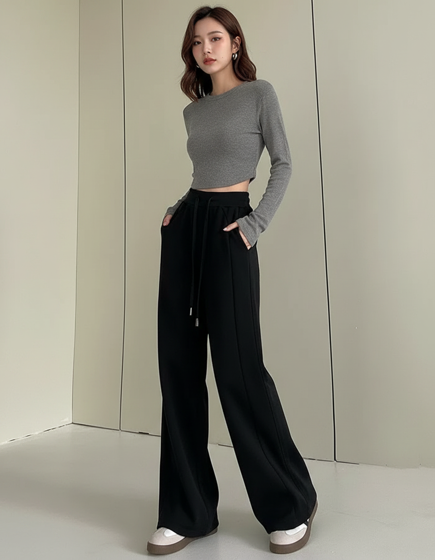 Pantalon Noir Taille Haute Fluide - Molleton