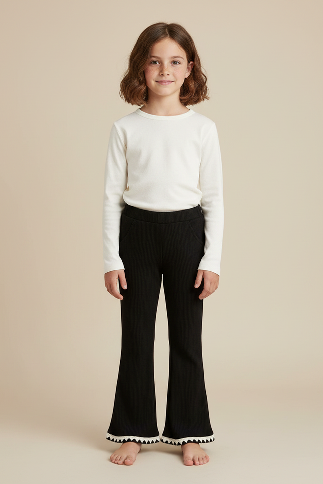 Pantalon Noir Côtelé Évasé Enfant Dentelle Hiver - Maille
