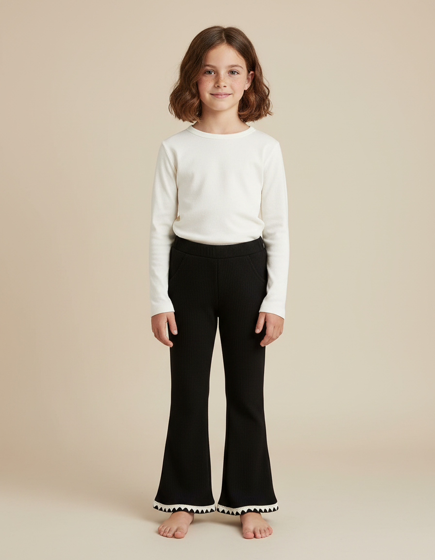 Pantalon Noir Côtelé Évasé Enfant Dentelle Hiver - Maille