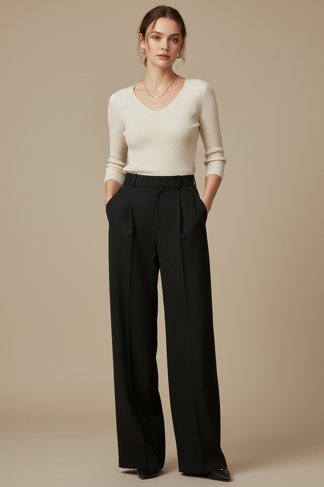 Pantalon Noir Large Plissé Fluide Élégant - Polyester