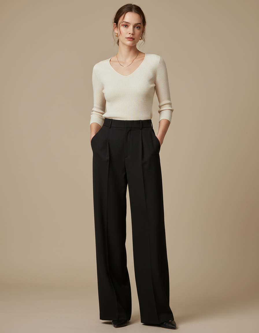 Pantalon Noir Large Plissé Fluide Élégant - Polyester
