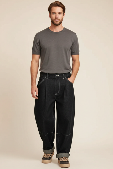 Pantalon Noir Ample Décontracté Plissé Homme Moderne - Jean