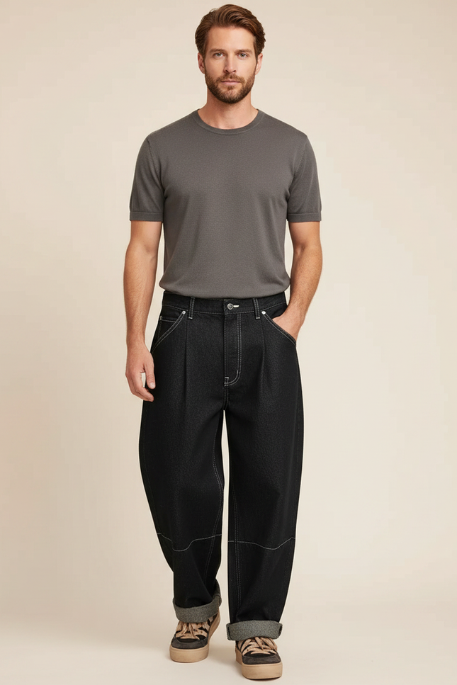 Pantalon Noir Ample Décontracté Plissé Homme Moderne - Jean