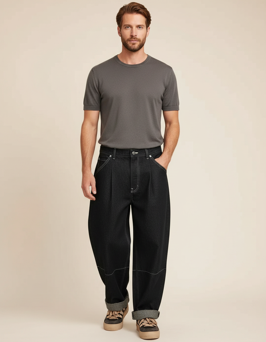Pantalon Noir Ample Décontracté Plissé Homme Moderne - Jean