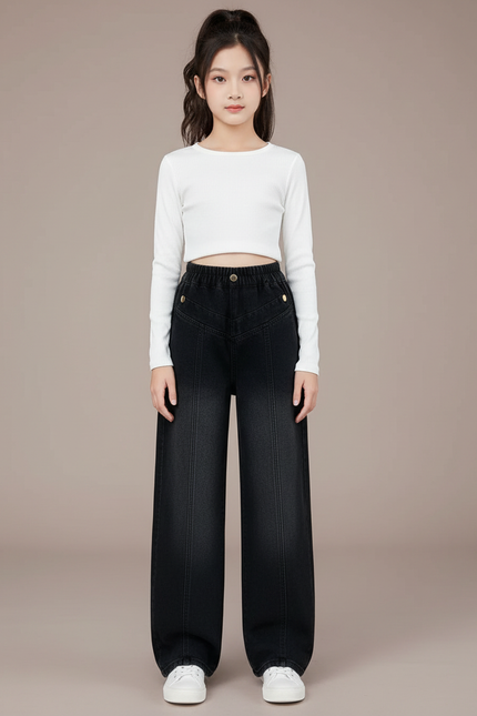 Pantalon Noir Large Denim Enfant Rétro Décontracté - Jean