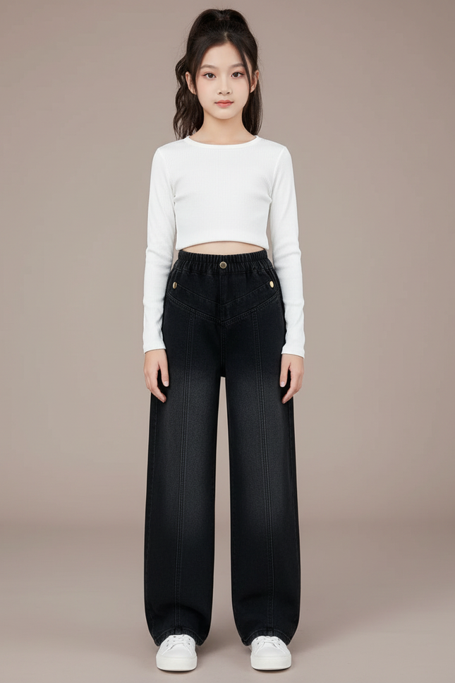 Pantalon Noir Large Denim Enfant Rétro Décontracté - Jean