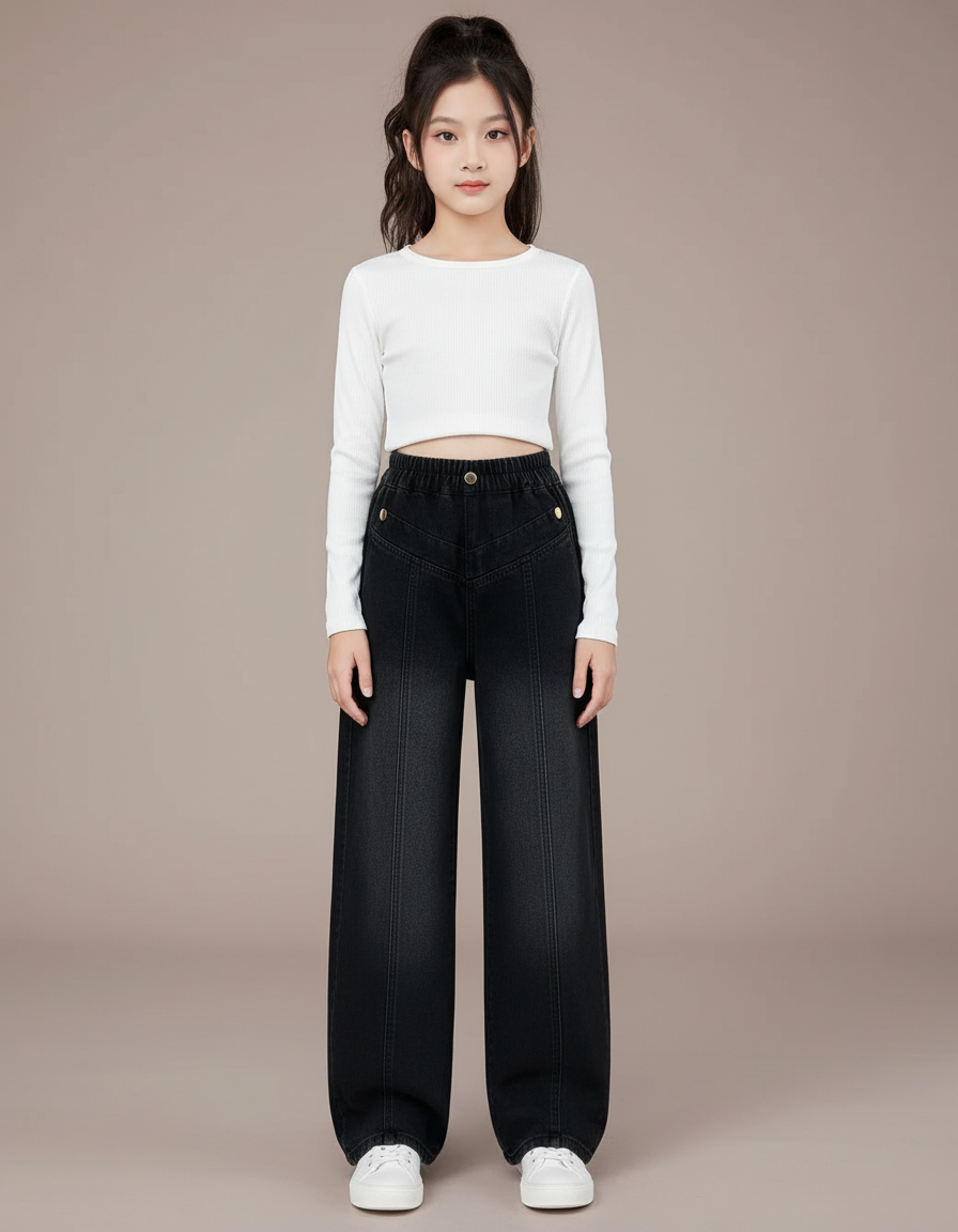 Pantalon Noir Large Denim Enfant Rétro Décontracté - Jean