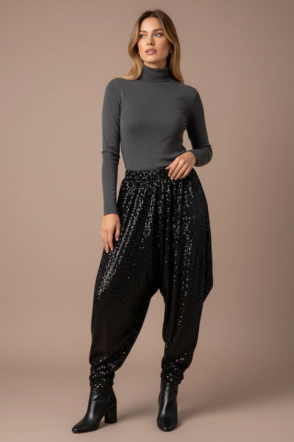 Pantalon Noir Paillettes Ample Décontracté Femme - Polyester