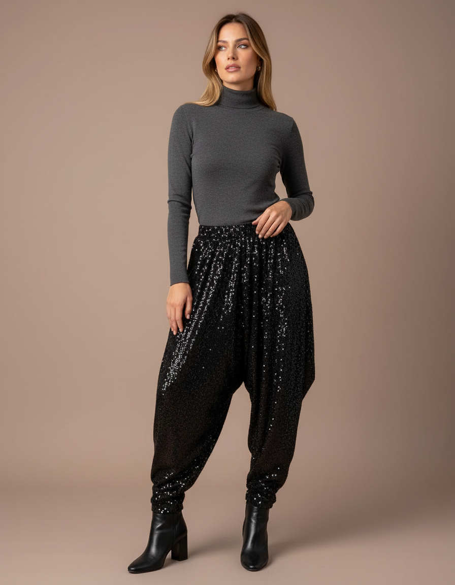 Pantalon Noir Paillettes Ample Décontracté Femme - Polyester