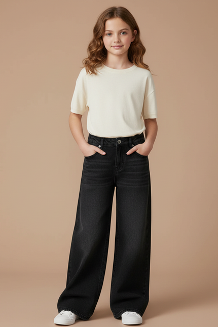 Pantalon Noir Denim Délavé Ample Taille Haute Fille - Jean