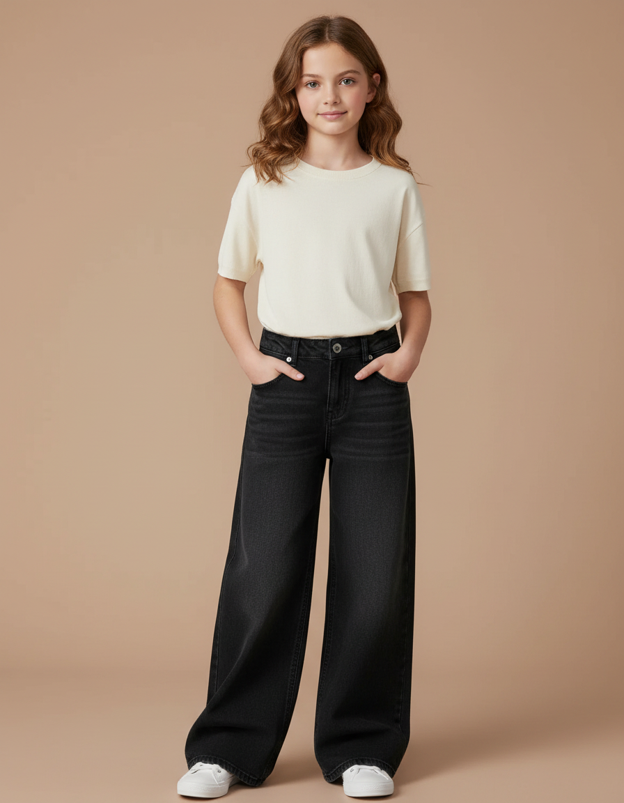 Pantalon Noir Denim Délavé Ample Taille Haute Fille - Jean