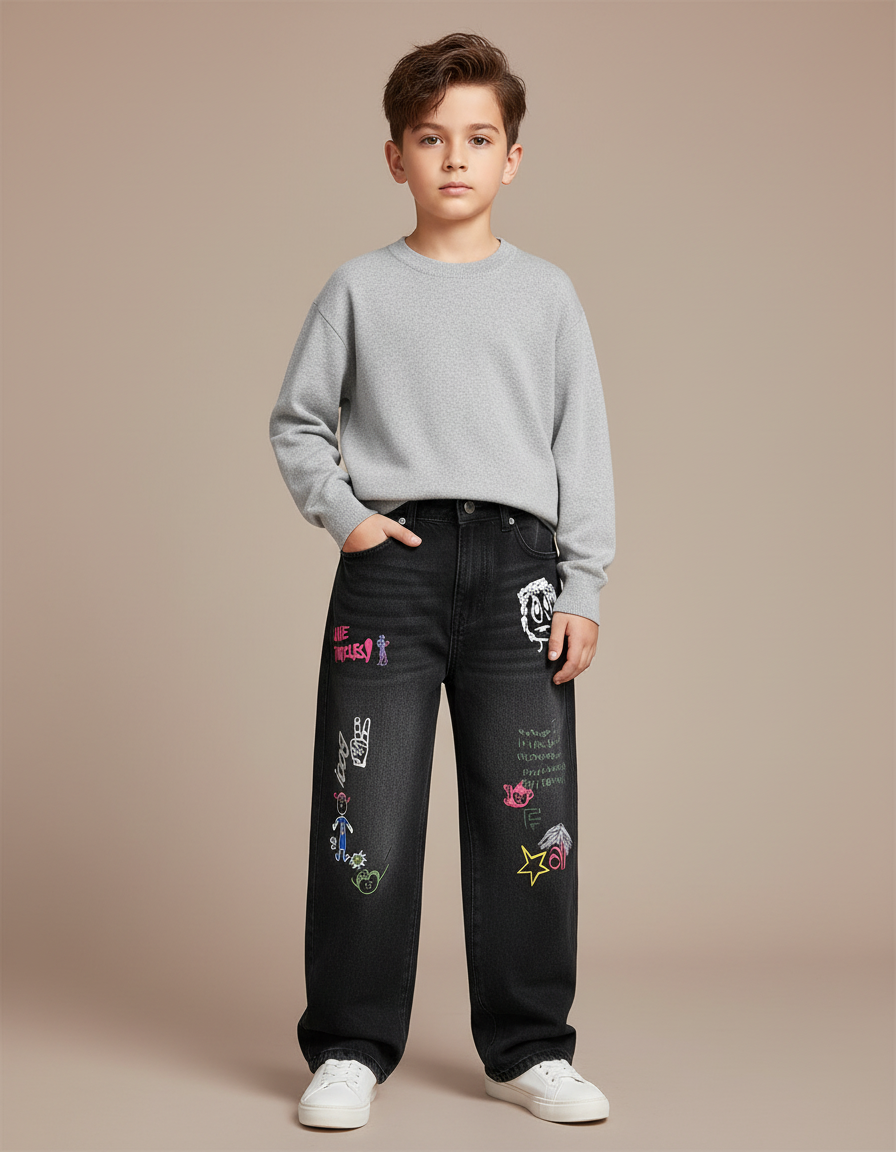Pantalon Noir Jean Ample Graffiti Garçon