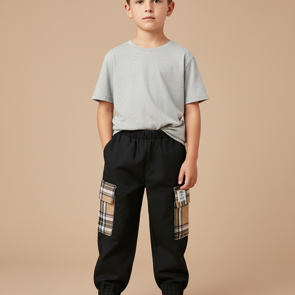 Pantalon Noir Cargo Écossais Garçon Décontracté - Toile