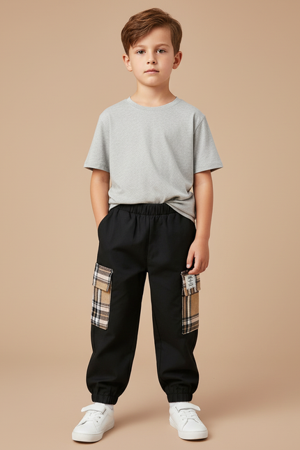 Pantalon Noir Cargo Écossais Garçon Décontracté - Toile