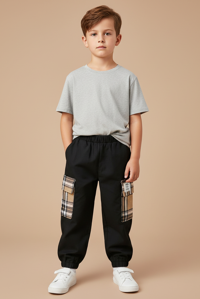 Pantalon Noir Cargo Écossais Garçon Décontracté - Toile
