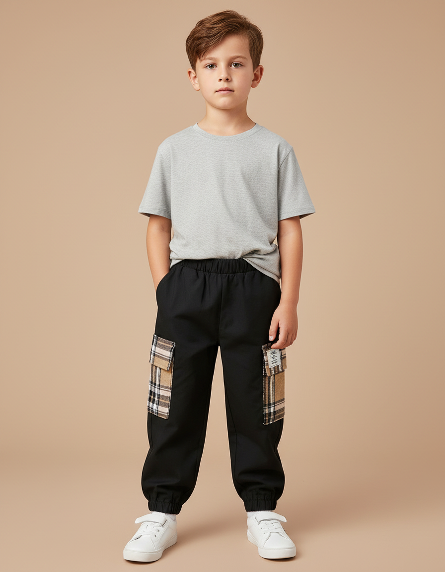 Pantalon Noir Cargo Écossais Garçon Décontracté - Toile