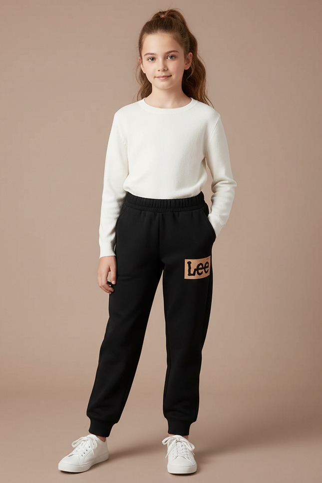 Pantalon Noir Fille Molleton Imprimé Confortable Décontracté
