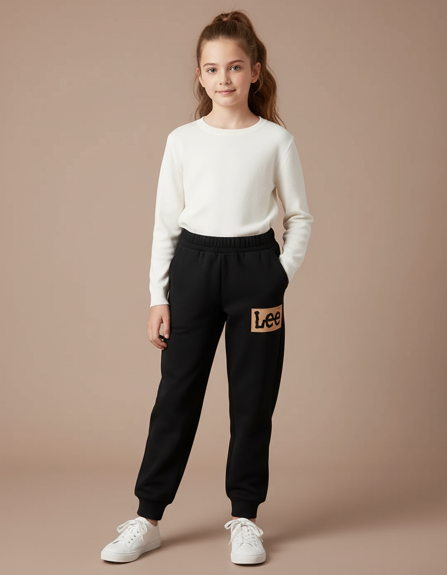 Pantalon Noir Fille Molleton Imprimé Confortable Décontracté