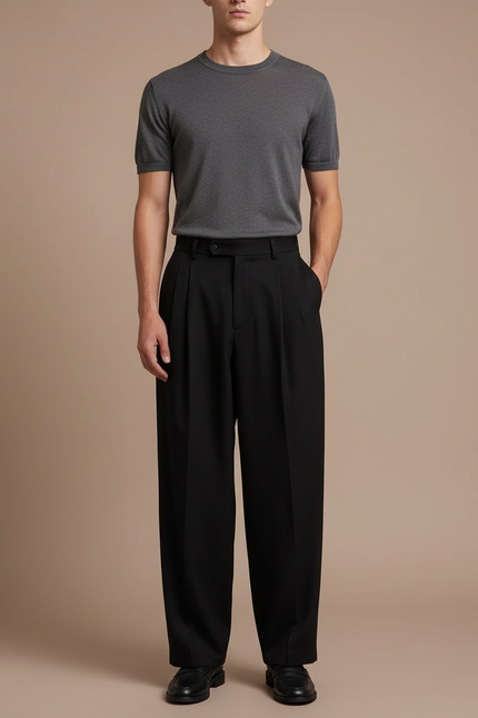 Pantalon Noir Ample Plissé Élégant Homme - Gabardine