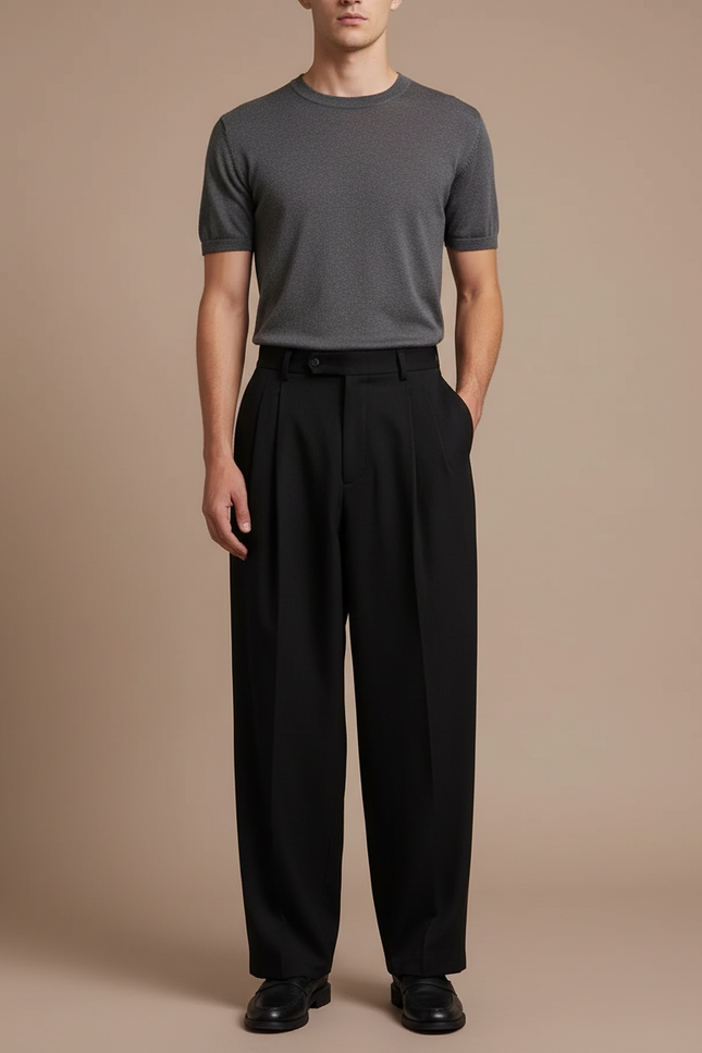 Pantalon Noir Ample Plissé Élégant Homme - Gabardine