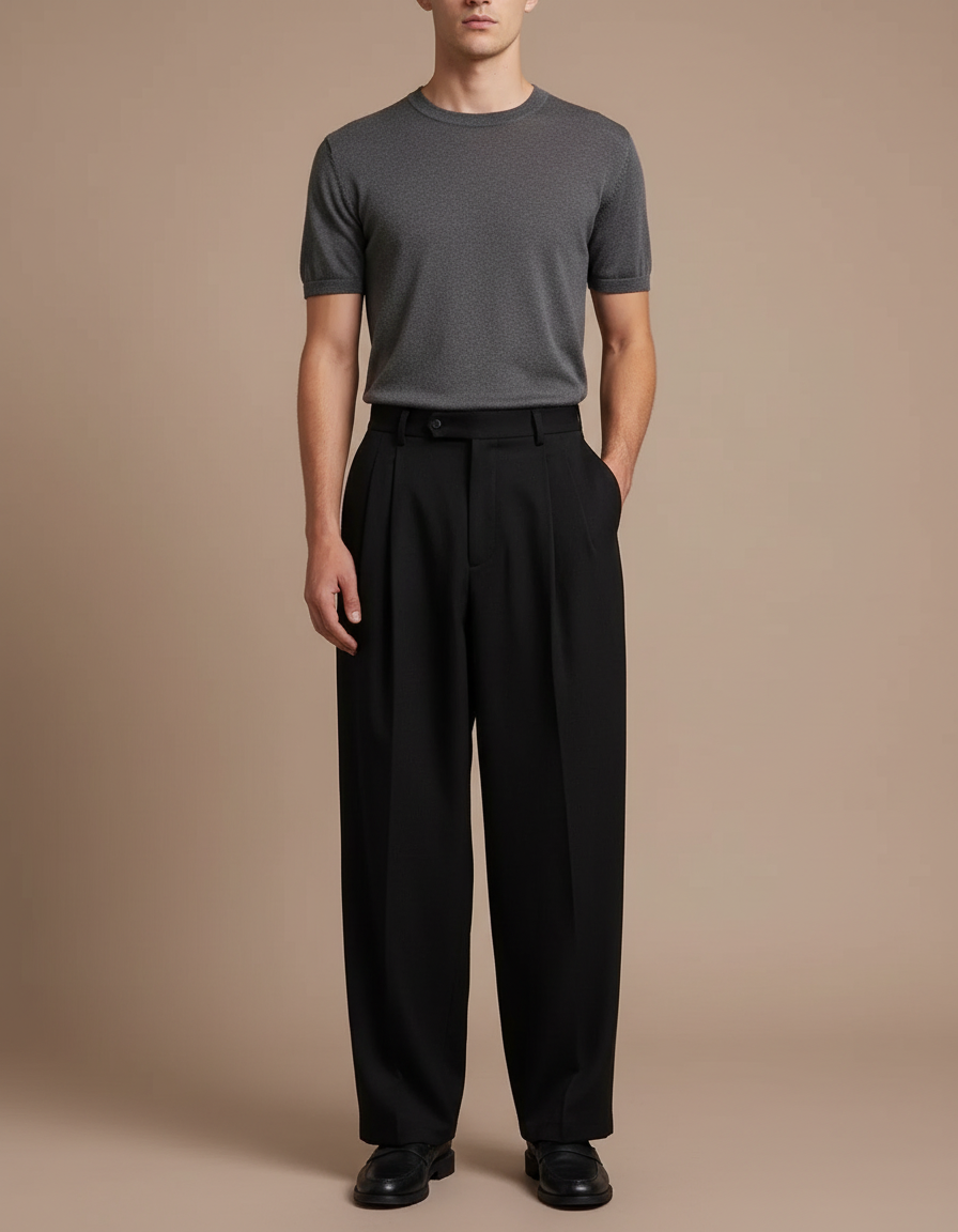 Pantalon Noir Ample Plissé Élégant Homme - Gabardine
