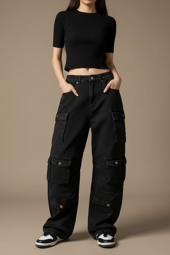 Pantalon Noir Cargo Femme Ample Vintage Multi-Poches - Jean