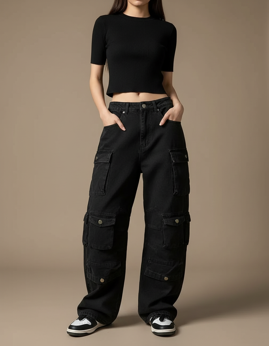 Pantalon Noir Cargo Femme Ample Vintage Multi-Poches - Jean
