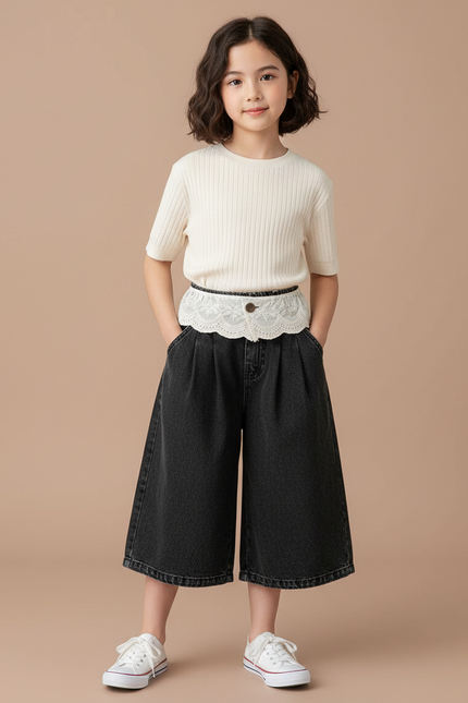 Pantalon Noir Ample Plissé Dentelle Fille - Jean