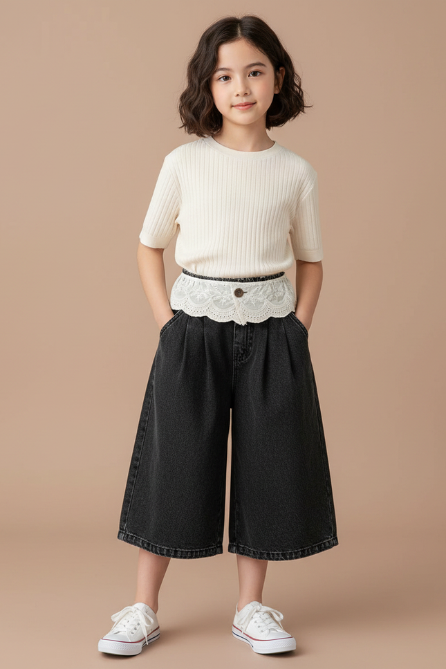 Pantalon Noir Ample Plissé Dentelle Fille - Jean